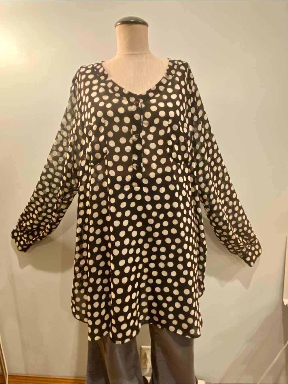 Marina Sport (Marina Rinaldi) Black and White Polka Dot Long Sleeve Tunic Top